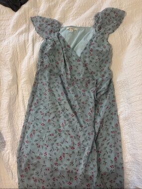 Blue Floral Wrap Dress with Red Berry Print